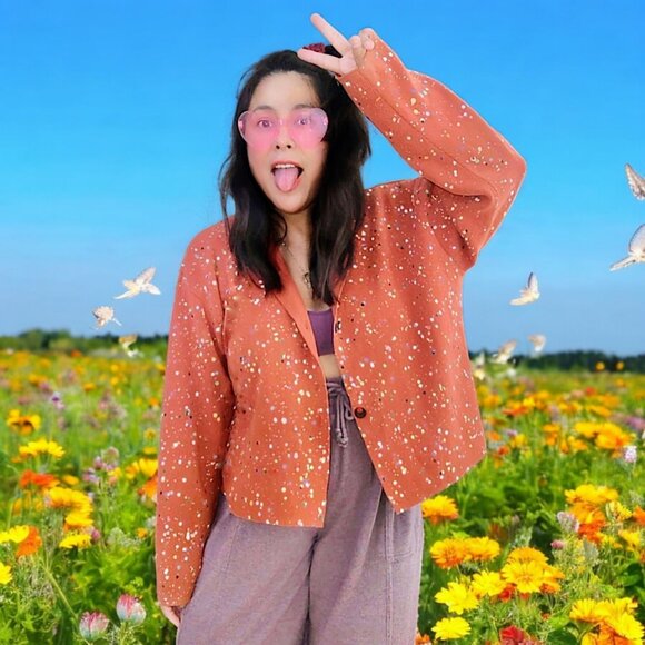 United Knit Wear vtg 90s made in USA 100% cotton paint splattered art cardigan M - Picture 2 of 7